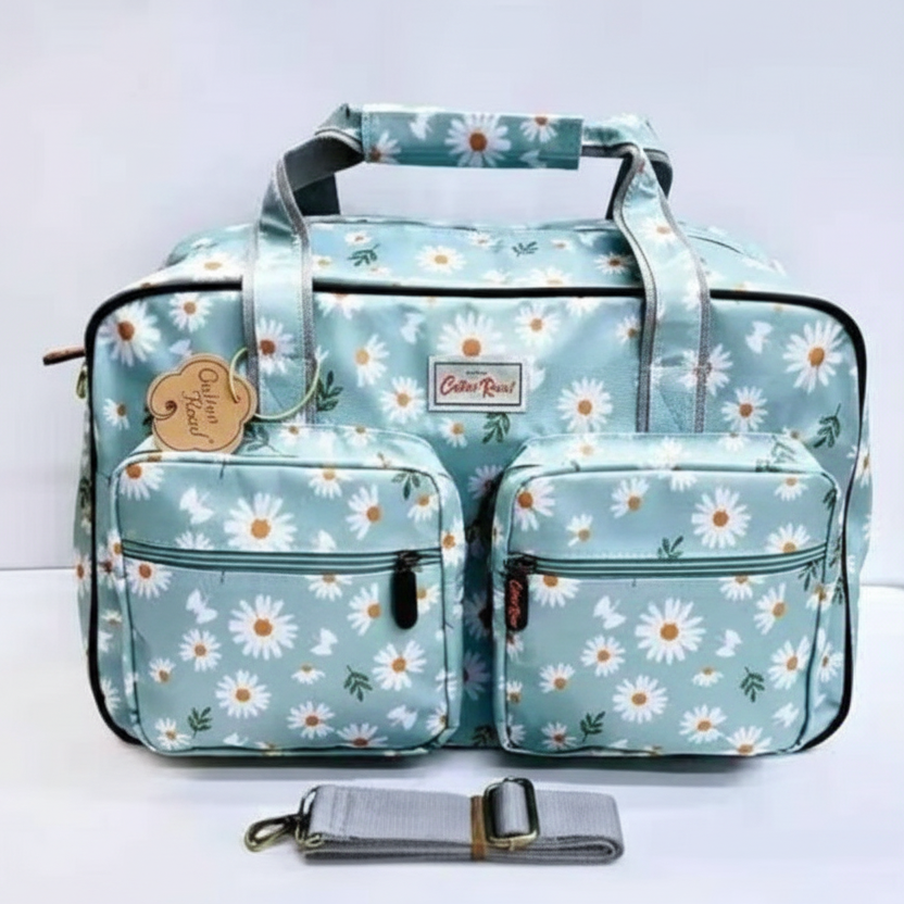 Cotton Road Travel Bag: LIGHT BLUE/ GREEN PVC Overnight Bag with DAISIES