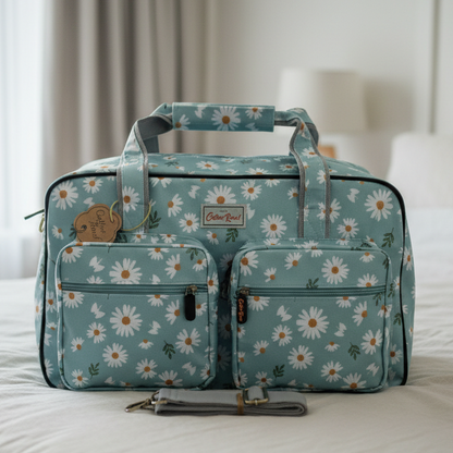 Cotton Road Travel Bag: LIGHT BLUE/ GREEN PVC Overnight Bag with DAISIES