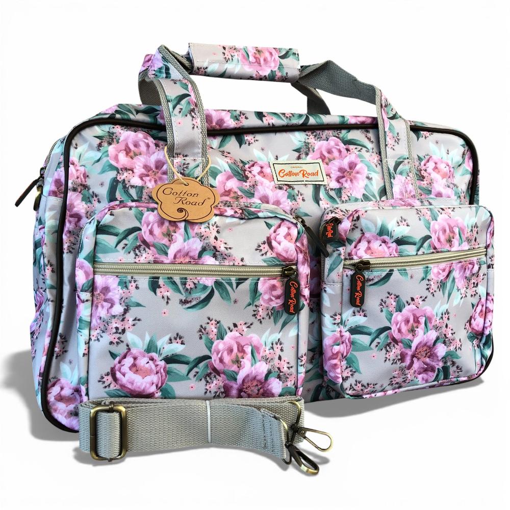 Cotton Road Travel Bag: MINT GREEN FLORAL PVC Overnight Travel Bag front view