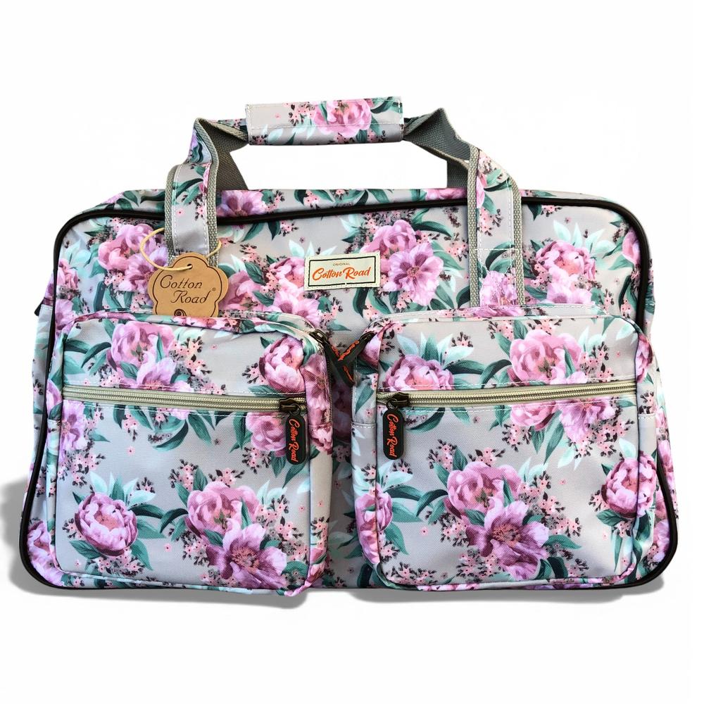 Cotton Road Travel Bag: MINT GREEN FLORAL PVC Overnight Travel Bag on white