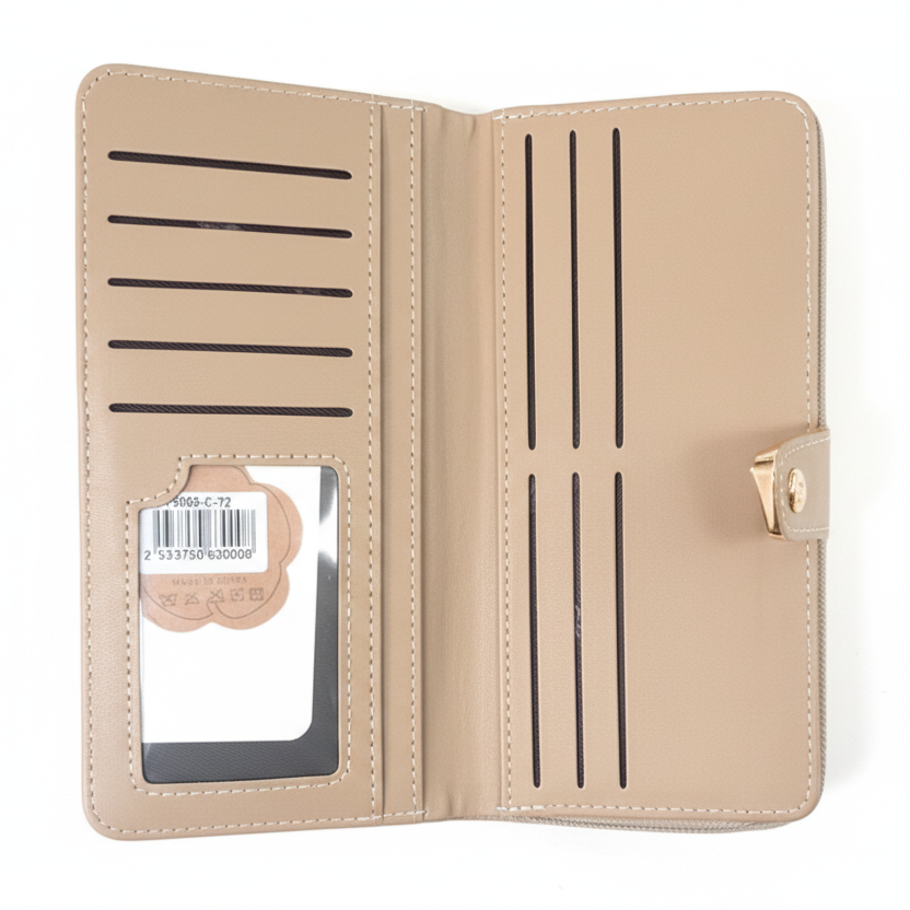 Beige Cotton Road Wallet in PU leather with clip, 10 card slots, zip coin compartment, ID window, and spacious note pocket OPEN