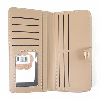 Beige Cotton Road Wallet in PU leather with clip, 10 card slots, zip coin compartment, ID window, and spacious note pocket OPEN