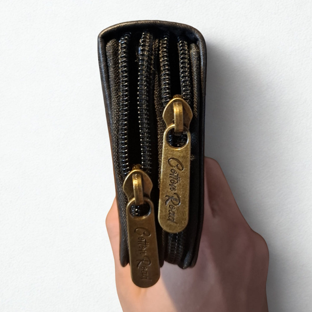 Cotton Road Wallet: Large BLACK PU Leather Wallet with EMBROIDERY