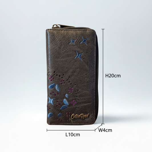 Cotton Road Wallet: Large BLACK PU Leather Wallet with EMBROIDERY