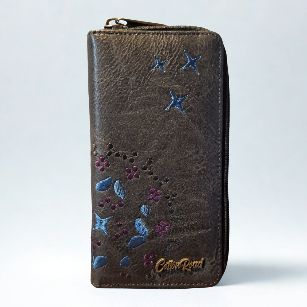 Cotton Road Wallet: Large BLACK PU Leather Wallet with EMBROIDERY