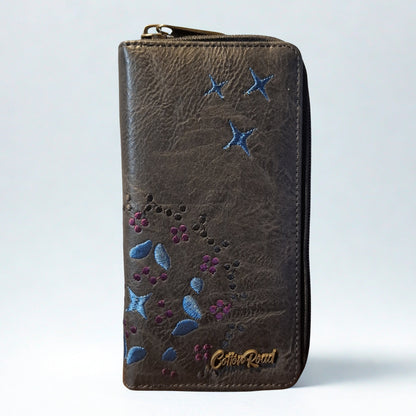 Cotton Road Wallet: Large BLACK PU Leather Wallet with EMBROIDERY