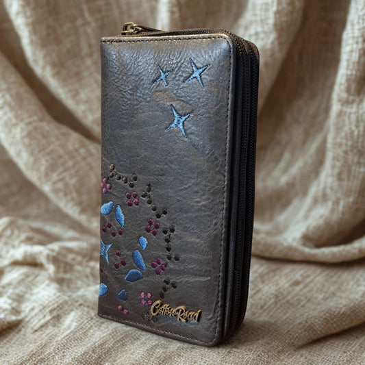 Cotton Road Wallet: Large BLACK PU Leather Wallet with EMBROIDERY
