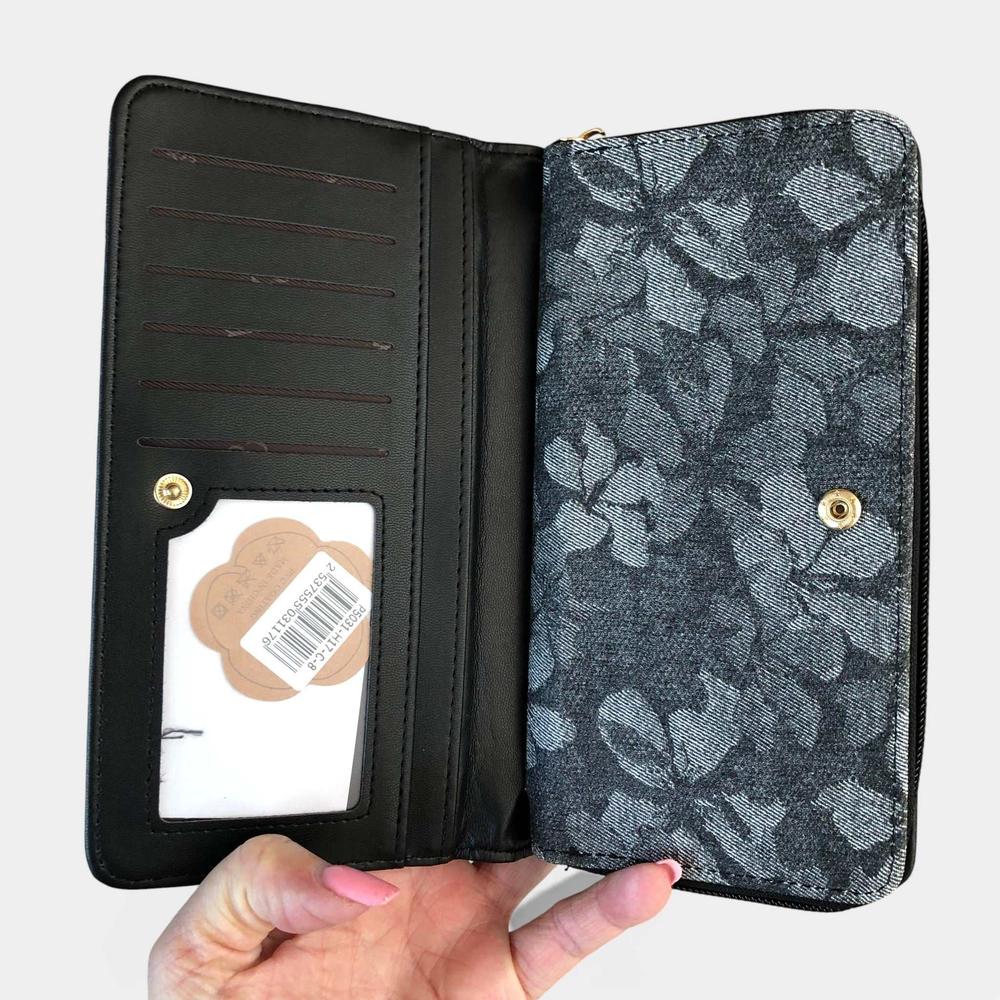 Cotton Road Wallet: Large BLACK PU Leather Wallet with FLORAL detailing