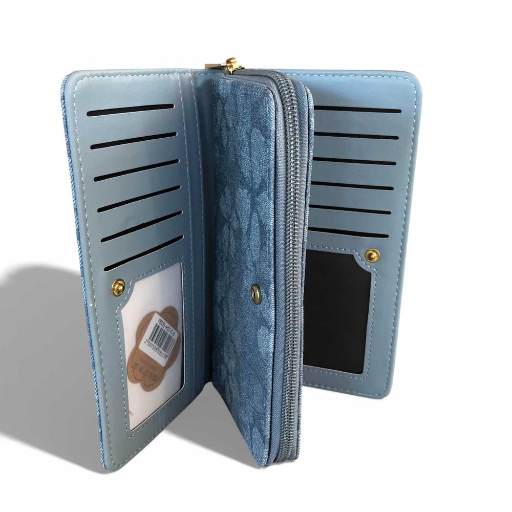 Cotton Road Wallet: Large BLUE PU Leather Wallet with FLORAL detailing