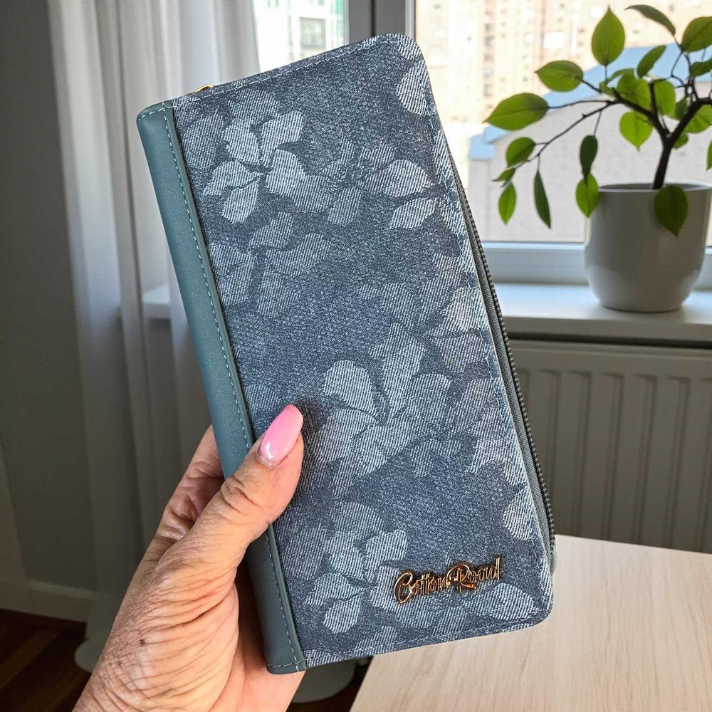 Cotton Road Wallet: Large BLUE PU Leather Wallet with FLORAL detailing