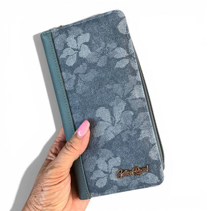 Cotton Road Wallet: Large BLUE PU Leather Wallet with FLORAL detailing