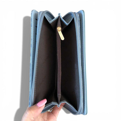 Cotton Road Wallet: Large BLUE PU Leather Wallet with FLORAL detailing