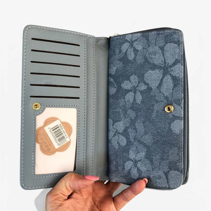 Cotton Road Wallet: Large BLUE PU Leather Wallet with FLORAL detailing