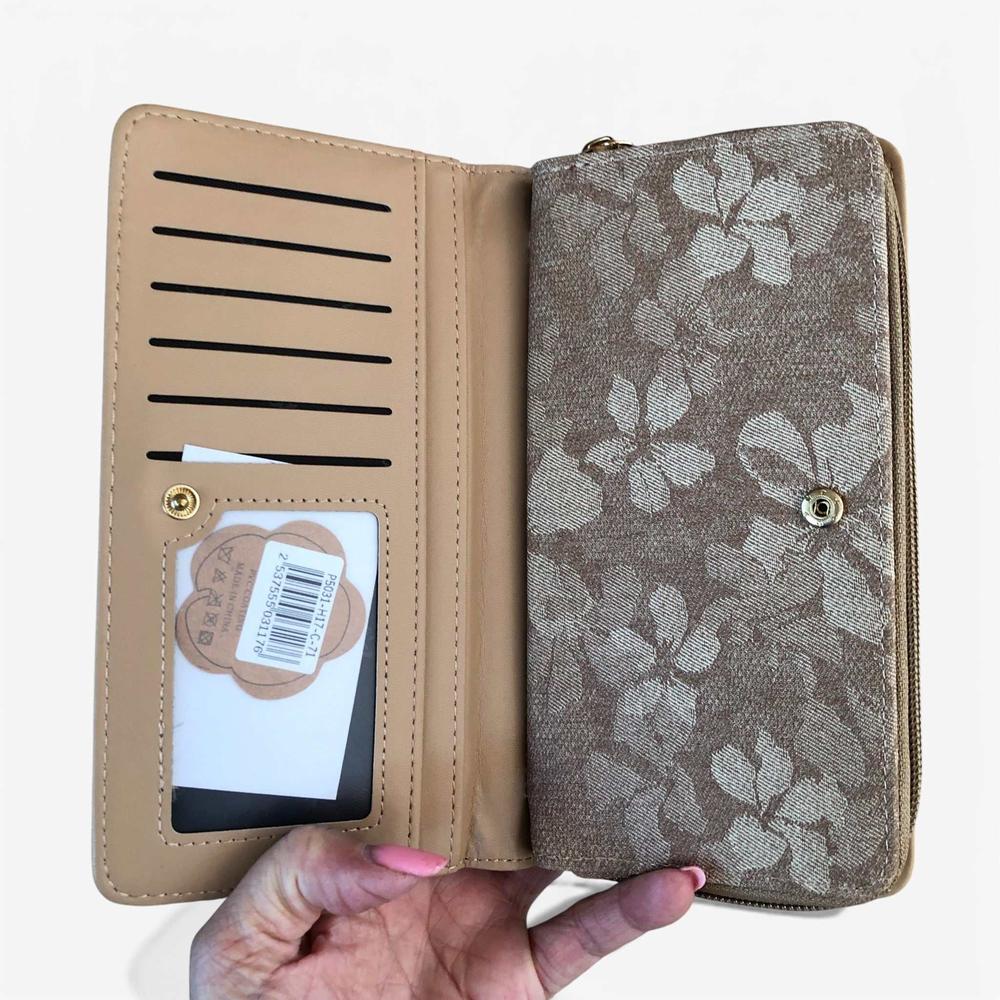 Cotton Road Wallet: Large KHAKI PU Leather Wallet with FLORAL detailing