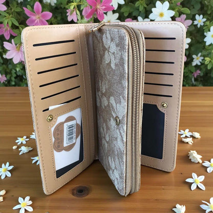 Cotton Road Wallet: Large KHAKI PU Leather Wallet with FLORAL detailing