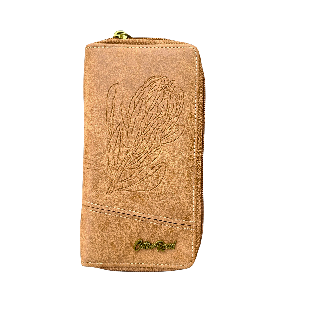 Cotton Road Wallet: Large BROWN PU Leather Wallet with Embossed Protea FRONT