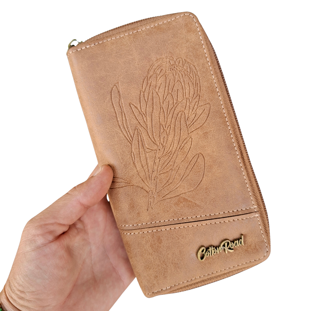 Cotton Road Wallet: Large BROWN PU Leather Wallet with Embossed Protea