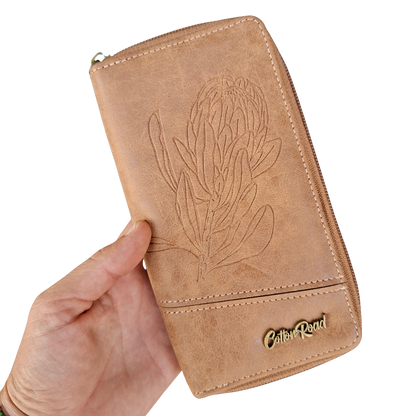 Cotton Road Wallet: Large BROWN PU Leather Wallet with Embossed Protea