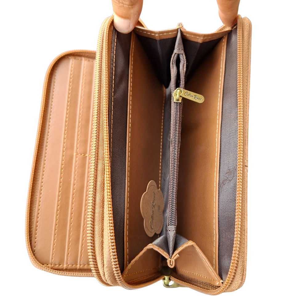 Cotton Road Wallet: Large BROWN PU Leather Wallet with Embossed Protea INTERIOR