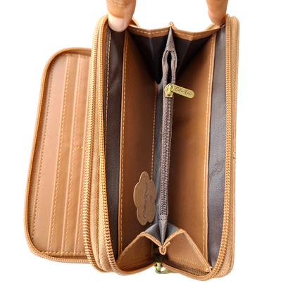 Cotton Road Wallet: Large BROWN PU Leather Wallet with Embossed Protea INTERIOR