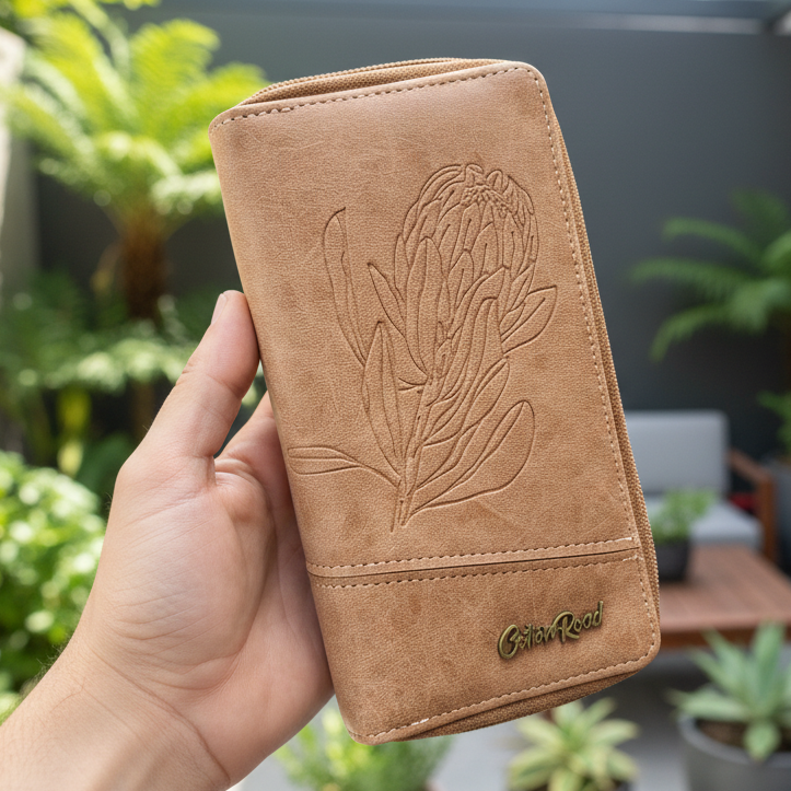 Cotton Road Wallet: Large BROWN PU Leather Wallet with Embossed Protea