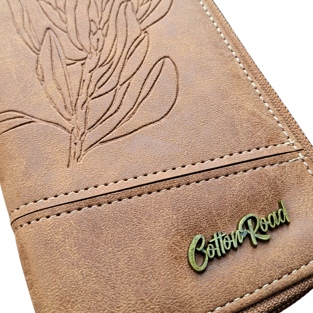 Cotton Road Wallet: Large BROWN PU Leather Wallet with Embossed Protea DETAIL