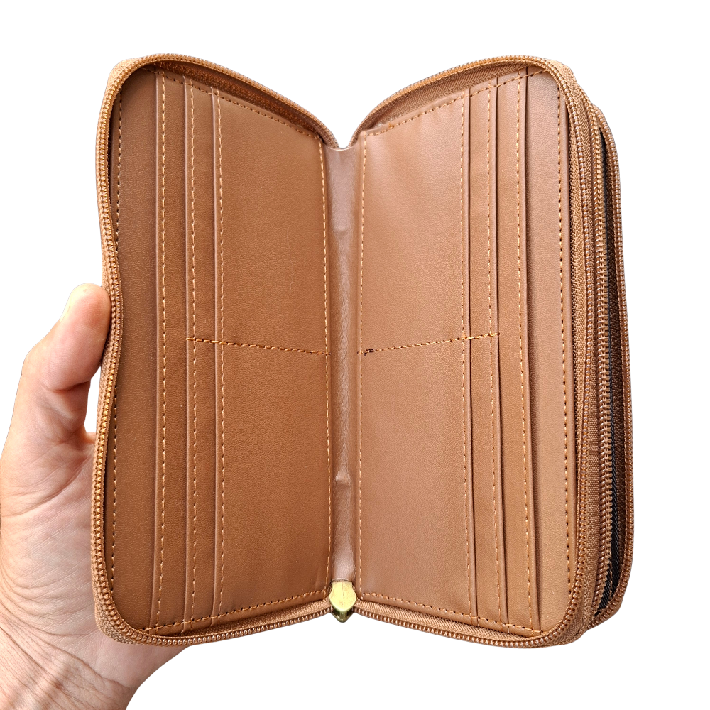 Cotton Road Wallet: Large BROWN PU Leather Wallet with Embossed Protea OPEN