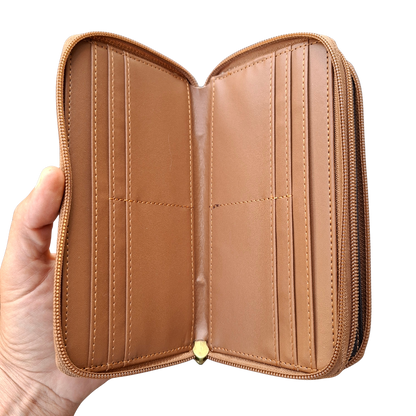 Cotton Road Wallet: Large BROWN PU Leather Wallet with Embossed Protea OPEN