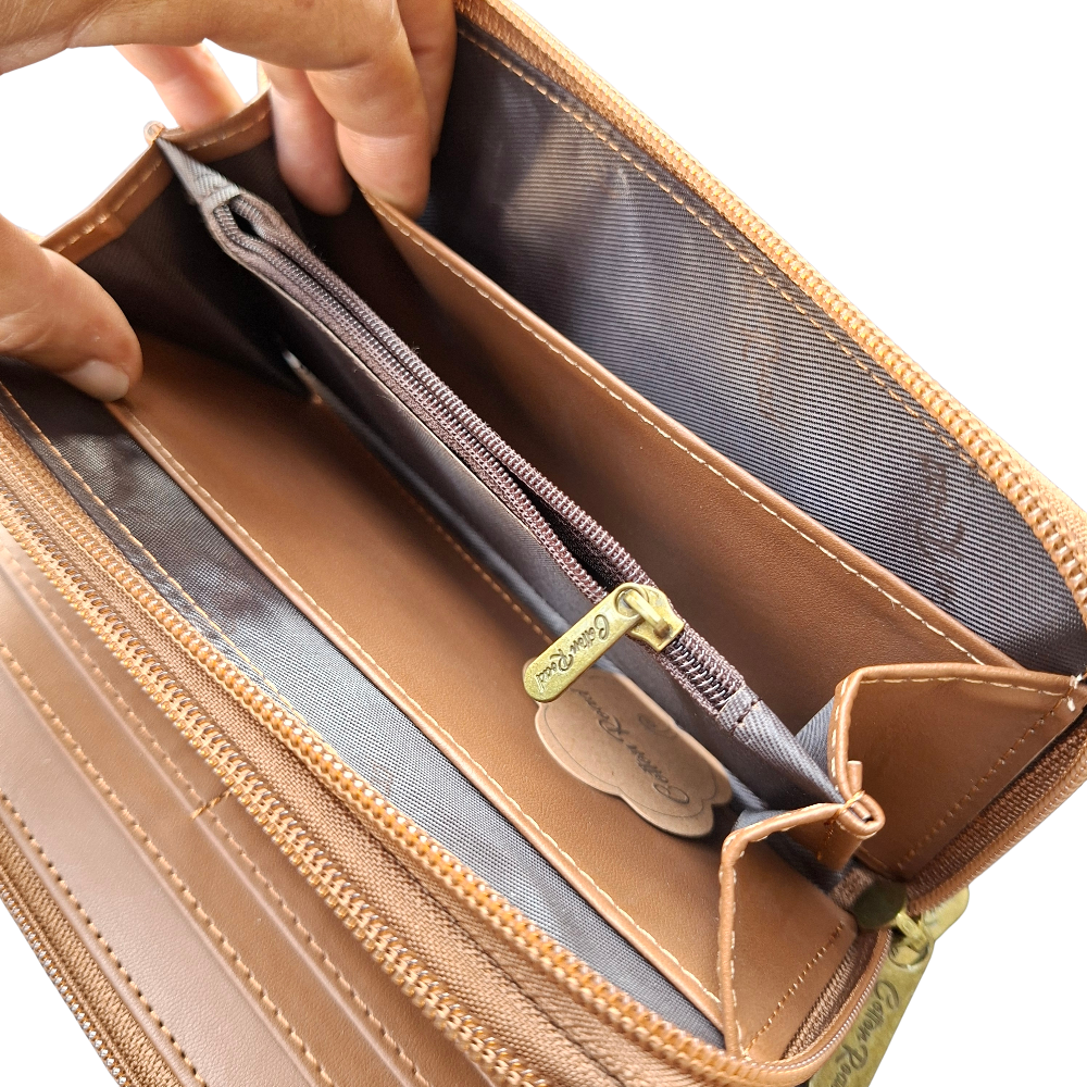 Cotton Road Wallet: Large BROWN PU Leather Wallet with Embossed Protea
