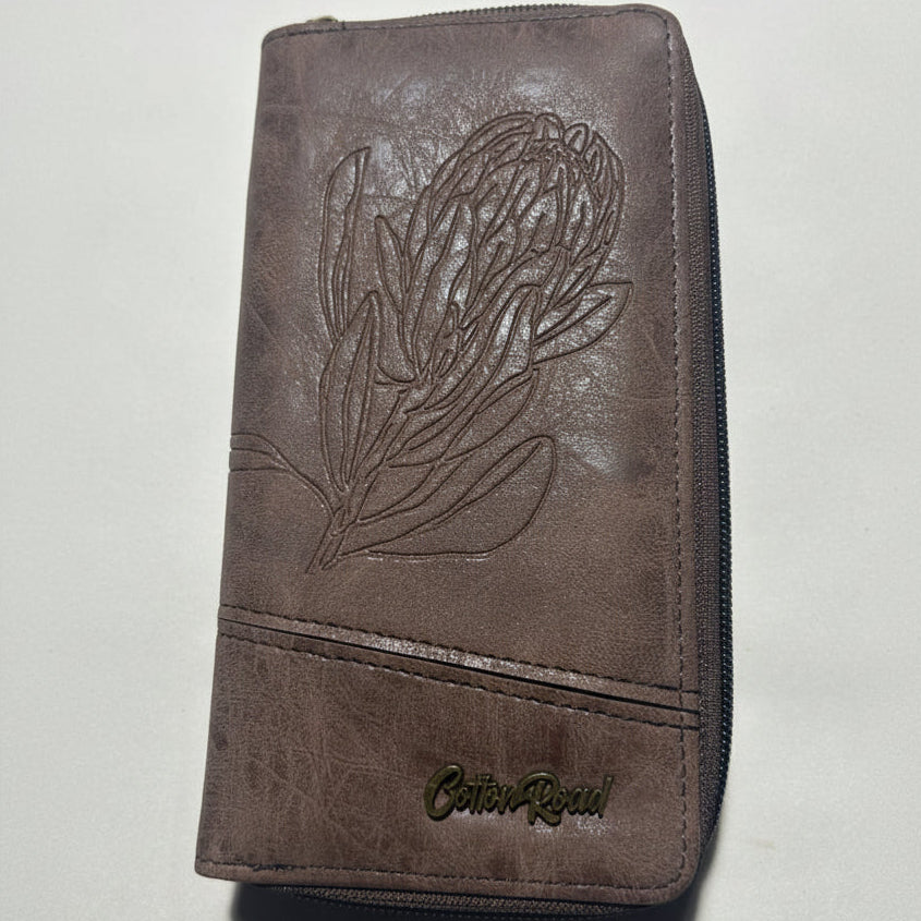 COTTON ROAD WALLET: LARGE PU Leather Protea Embossed Wallet COFFEE FRONT