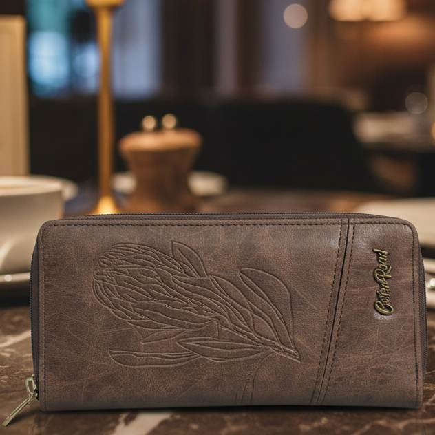 COTTON ROAD WALLET: LARGE PU Leather Protea Embossed Wallet COFFEE