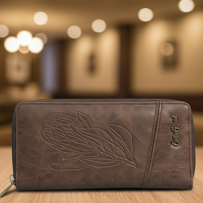Cotton Road Wallet: Large COFFEE BROWN PU Leather Organiser with Embossed Protea