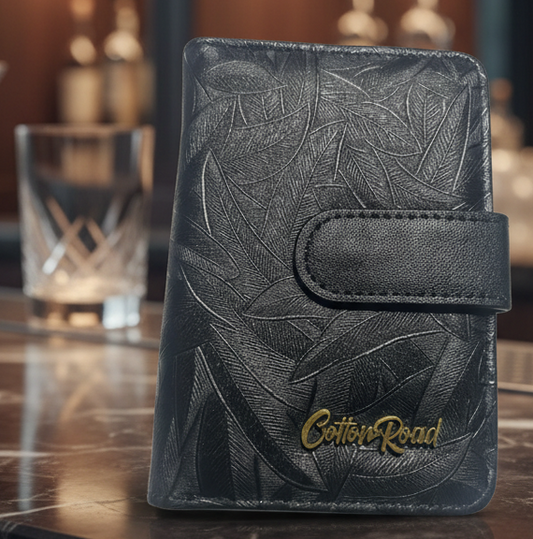 Cotton Road Wallet: Medium BLACK embossed PU Leather Wallet