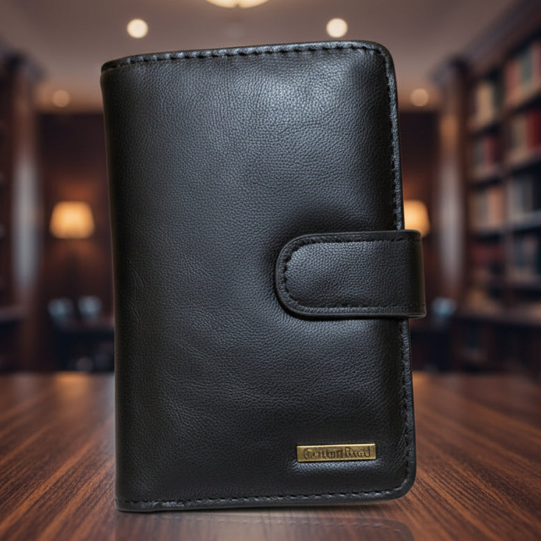 Cotton Road Wallet: Medium BLACK PU Leather with CLIP front view lifestyle