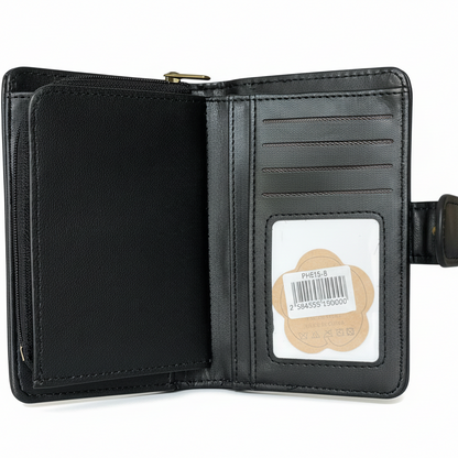 Cotton Road Wallet medium black PU leather with clip, card slots, ID window, and coin compartment