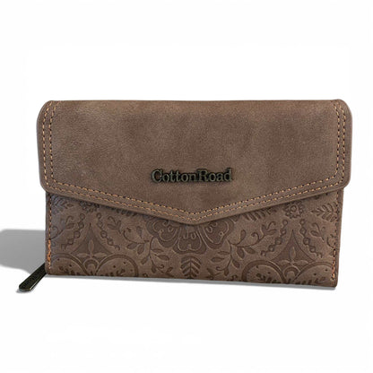 Medium brown Cotton Road Wallet in PU leather with embossed print and organized compartments.