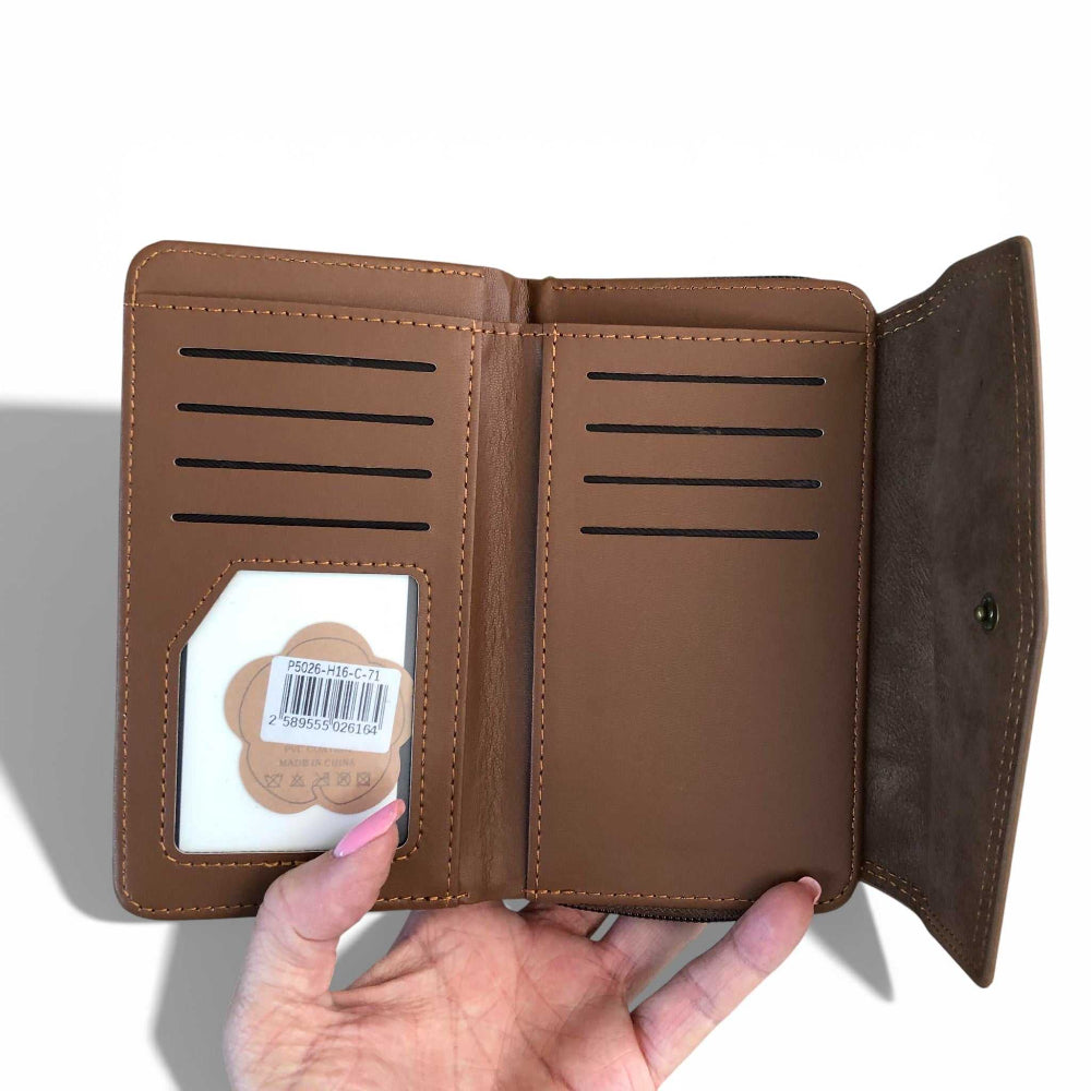 Medium brown Cotton Road Wallet in PU leather with embossed print and multiple compartments