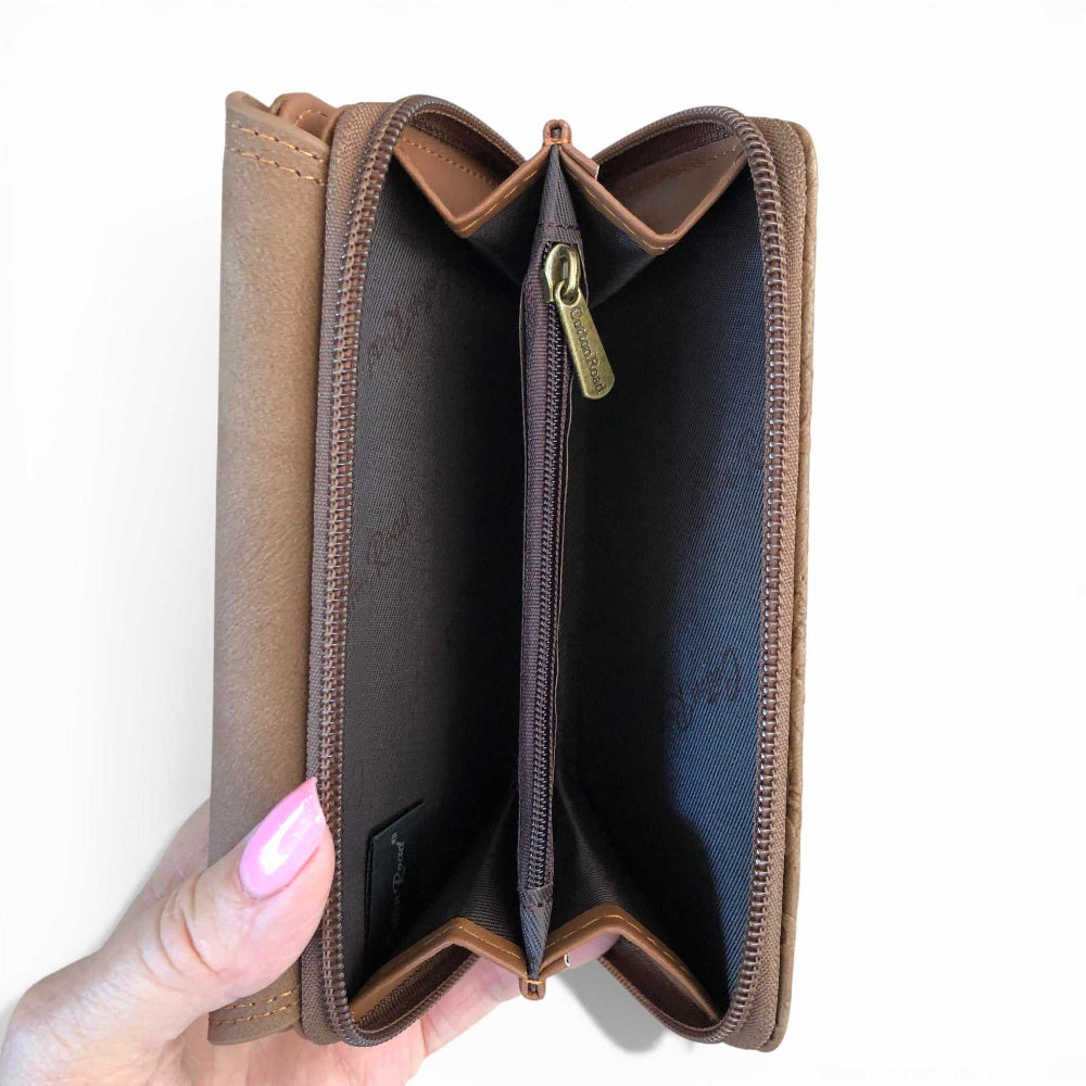 Medium brown Cotton Road Wallet in PU leather with embossed print and multiple compartments