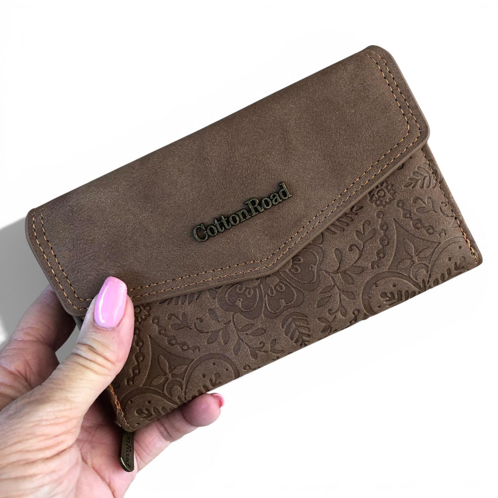 Medium brown Cotton Road Wallet in PU leather with embossed print, compact design, multiple card slots, currency compartments, zippered coin pouch, and utility clip