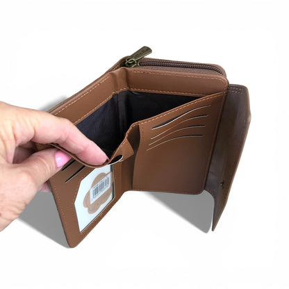 Medium brown Cotton Road Wallet made of PU leather with embossed print, compact design, multiple card slots, currency compartments, ID window, secure clip, and zippered coin pouch