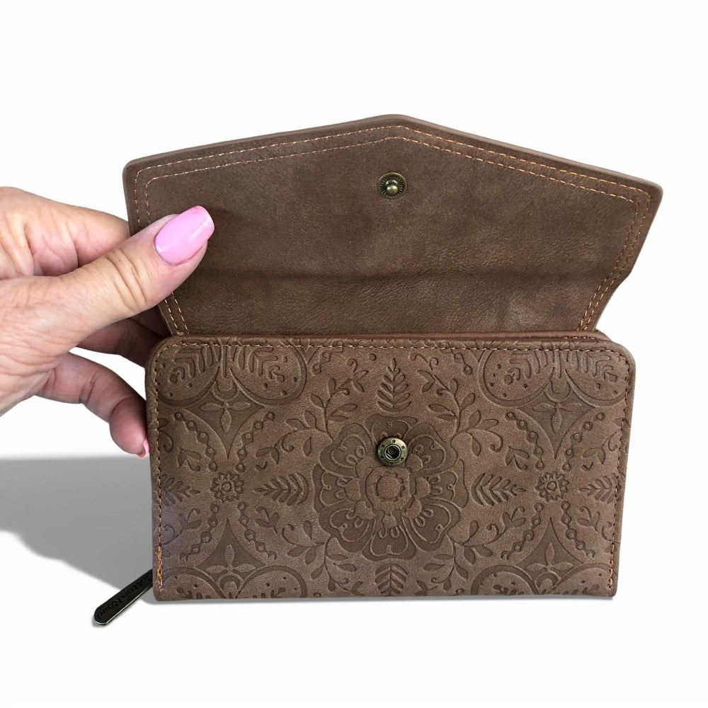 Medium brown Cotton Road Wallet in PU leather with embossed print, multiple card slots, currency compartments, and zippered coin pouch.