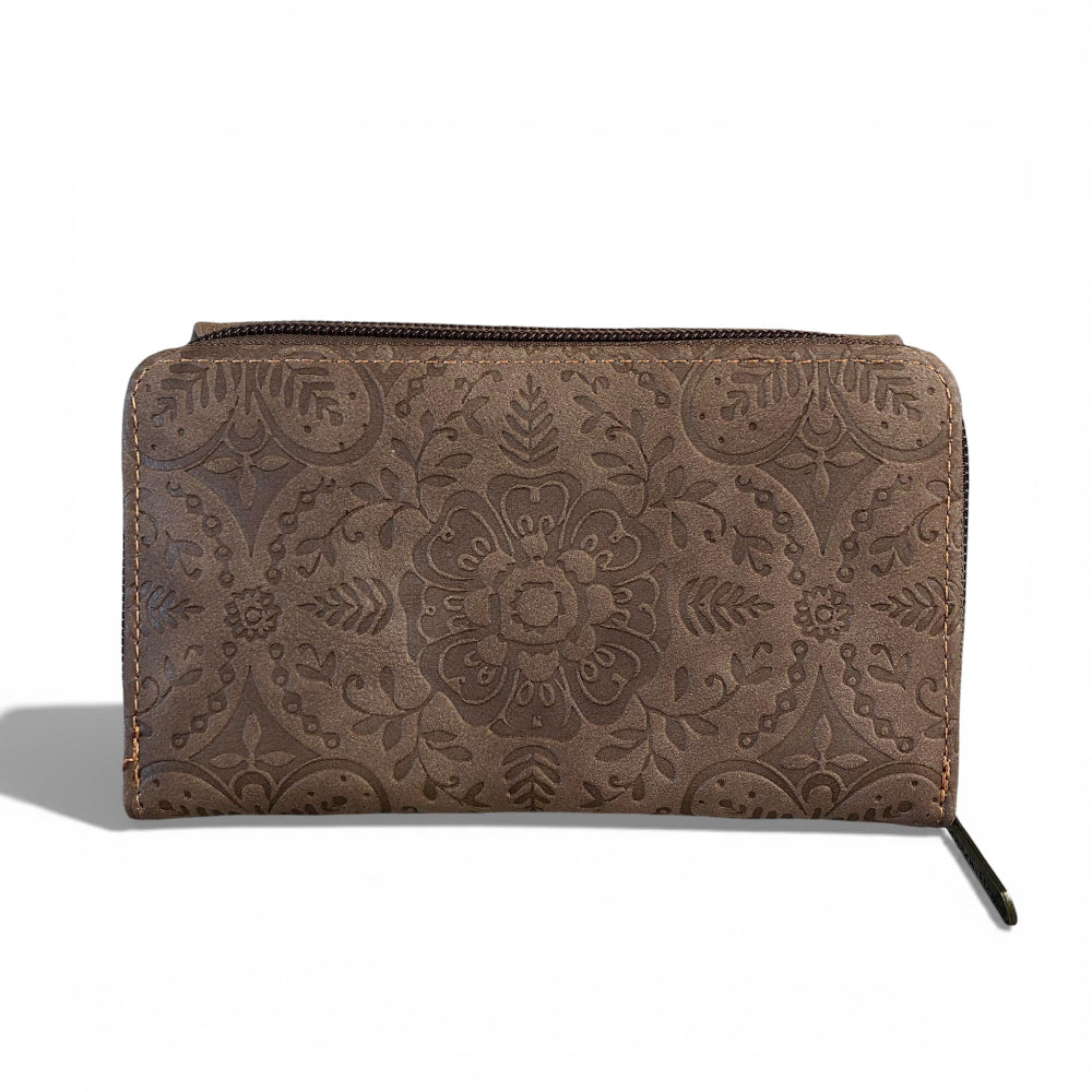 Medium brown Cotton Road Wallet in PU leather with embossed print and multiple compartments for travel organization