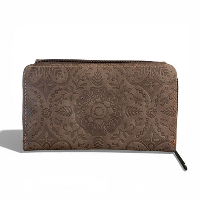 Medium brown Cotton Road Wallet in PU leather with embossed print and multiple compartments for travel organization