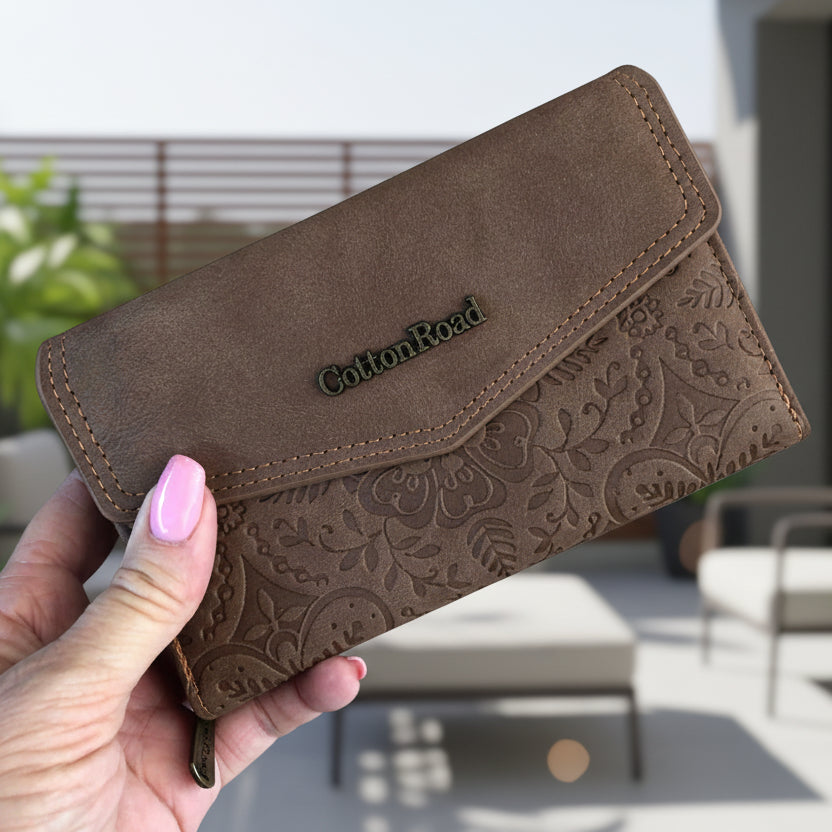 Medium brown Cotton Road Wallet in PU leather with embossed print and multiple compartments