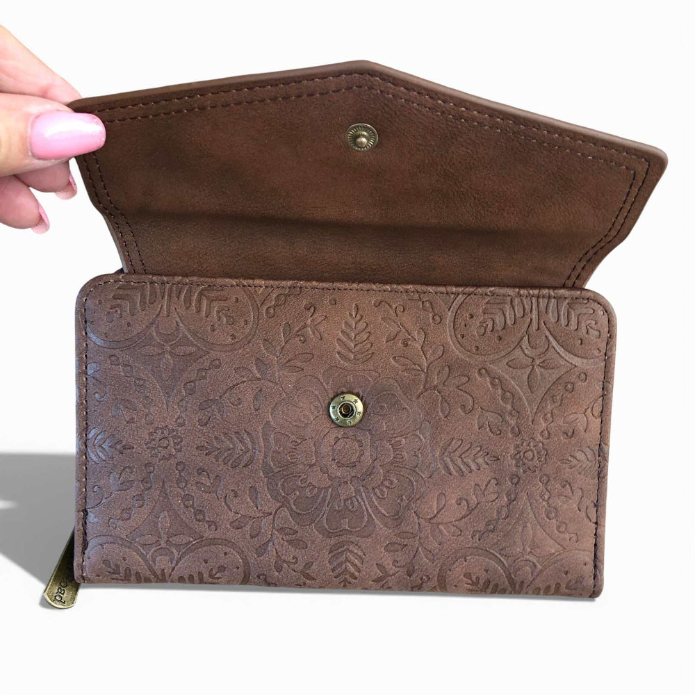 Medium dark brown Cotton Road Wallet in PU leather with embossed print, multiple card slots, currency compartments, ID window, utility clip, and zippered coin pouch.