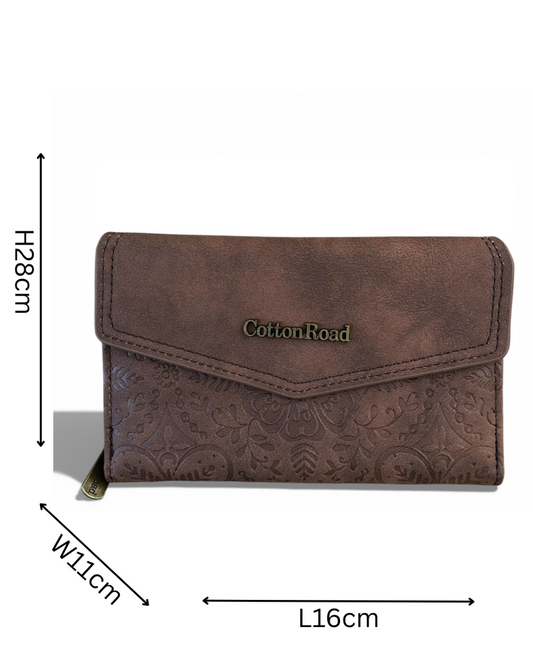 Medium dark brown Cotton Road Wallet in PU leather with embossed design, seven card slots, currency compartments, ID window, zippered coin pouch, and secure clip