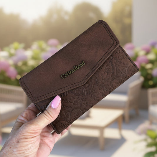 Medium dark brown Cotton Road Wallet with embossed PU leather, multiple card slots, zippered coin pouch, and secure utility clip for organized travel