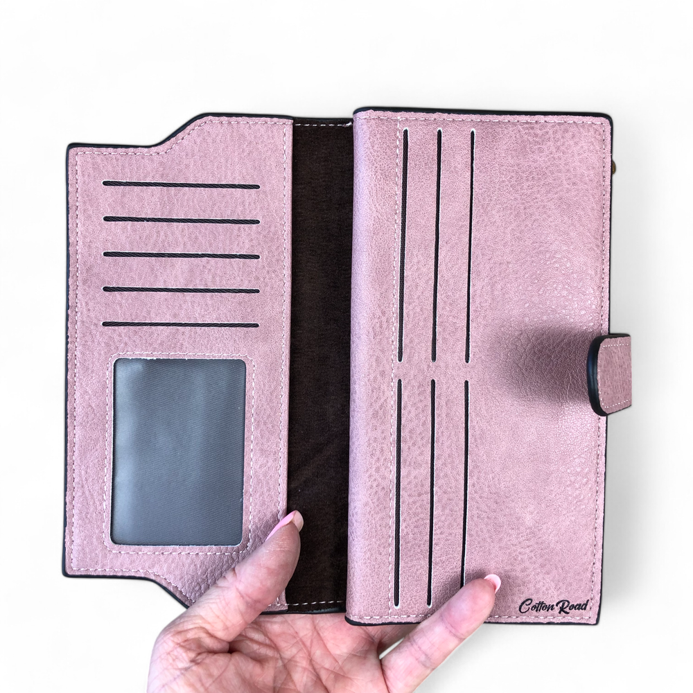 Cotton Road Wallet: Large PInk PU Leather Wallet with CLIP OPEN