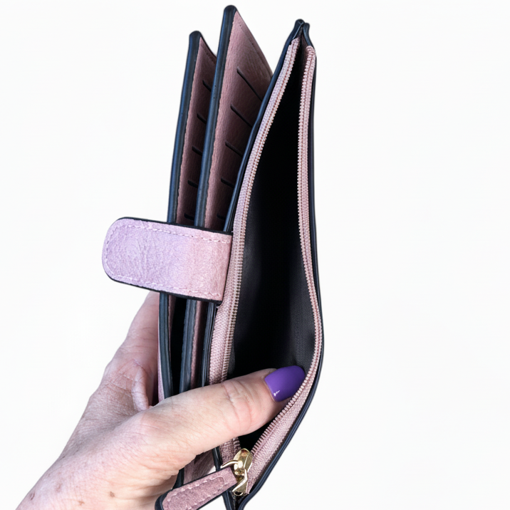 Cotton Road Wallet: Large PInk PU Leather Wallet with CLIP