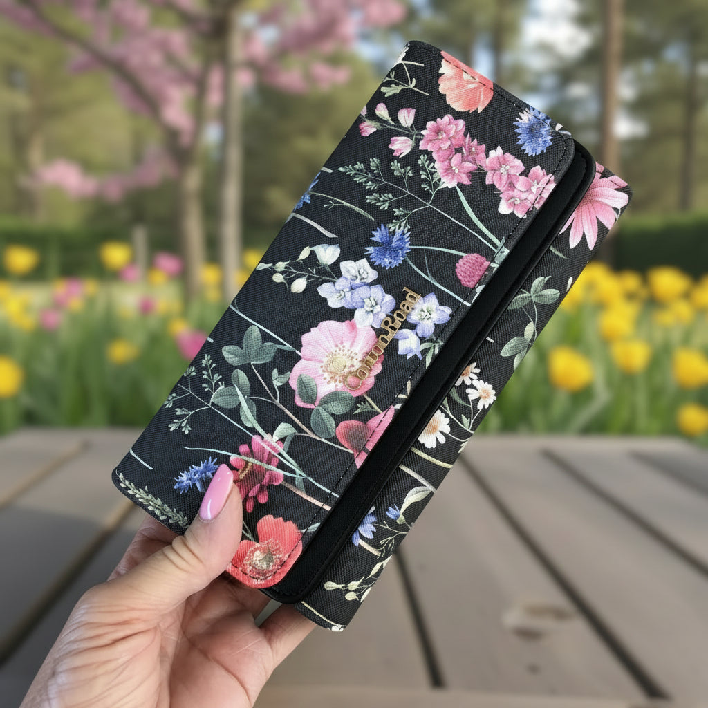 Large FLORAL BLACK PU Leather Cotton Road Wallet